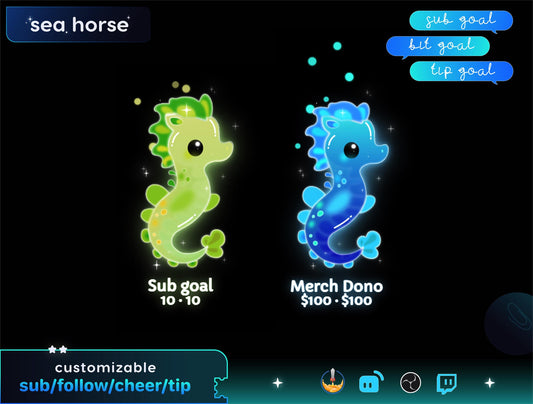 Cute Sea Horse Liquid Filling Goal Widget is fully customisable for Twitch Streamlabs, TikTok Studio, and Streamelements