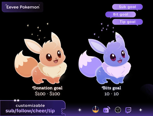 Pokémon Eevee Character Liquid Filling Goal Widget is fully customisable for Twitch Streamlabs, TikTok Studio, and Streamelements