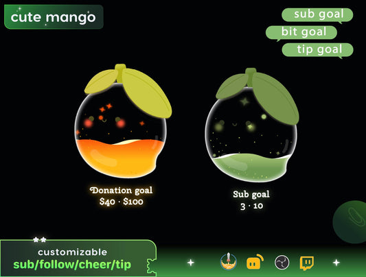 Cute Mango Liquid Filling Goal Widget is fully customisable for Twitch Streamlabs, TikTok Studio, and Streamelements.