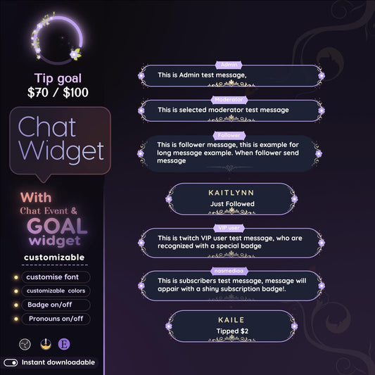 Floral Purple Twitch Chat and Goal Widget: Starry Stream Overlay (StreamElements) (Digital Download