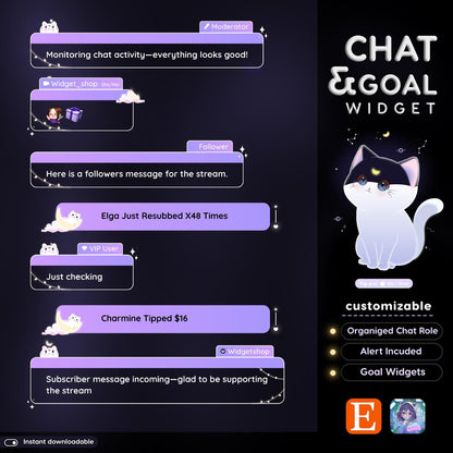 Animated Lunar Cat Stream Widgets: Purple Celestial Theme (StreamElements Only)