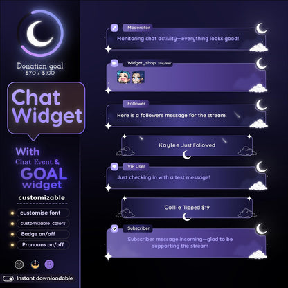 Cloudy Moon Stream Widgets: Chat & Goal - Starry Night Theme (Streamelements Only)