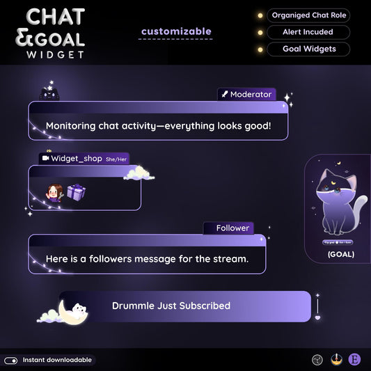 Animated Lunar Cat Stream Widgets: Purple Chat & Goal Theme (StreamElements Only)