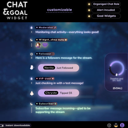 Moon Glow Neon Aesthetic Chat and Goal Stream Widgets - Minimal,Neon Light, Elegant Glow Theme Clean Vibe Streamelement Only
