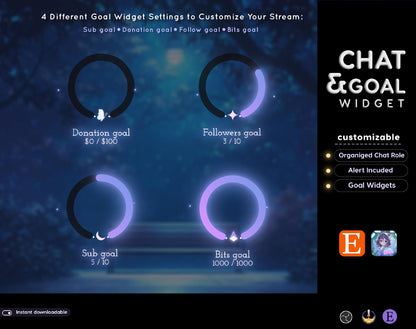 Moon Glow Neon Aesthetic Chat and Goal Stream Widgets - Minimal,Neon Light, Elegant Glow Theme Clean Vibe Streamelement Only