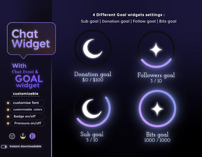 Cloudy Moon Stream Widgets: Chat & Goal - Starry Night Theme (Streamelements Only)