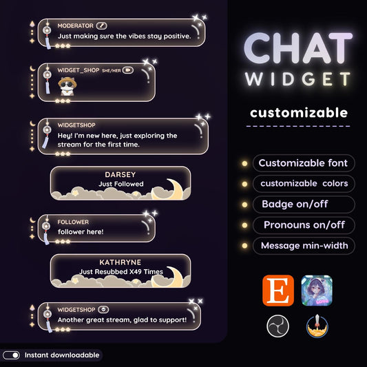 Sparkling Bubble Stream Chat Widgets: Glassy Chat with stars and moons
