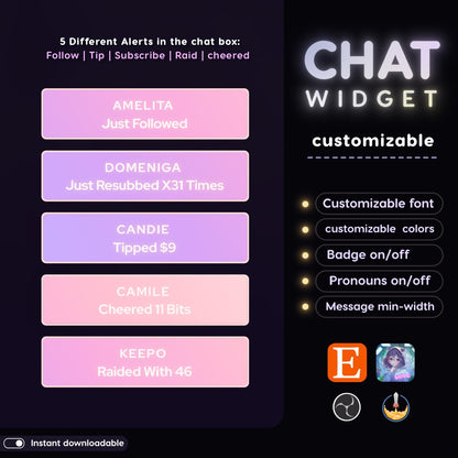 Pastel neon color minimal chat bubble for Twitch Streamers | Streamlements only setup through OBS